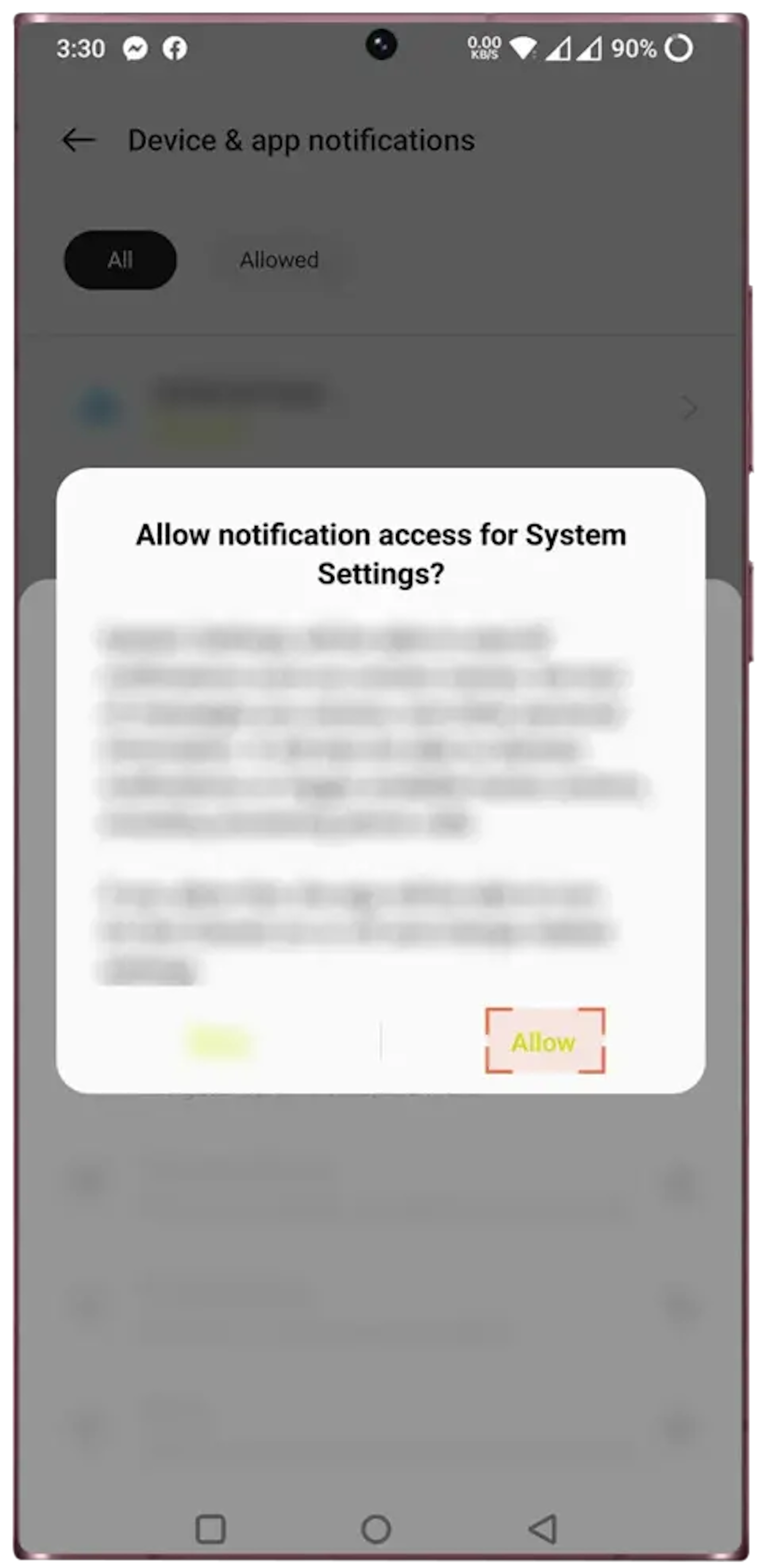 Allow notification access for System Settings app.