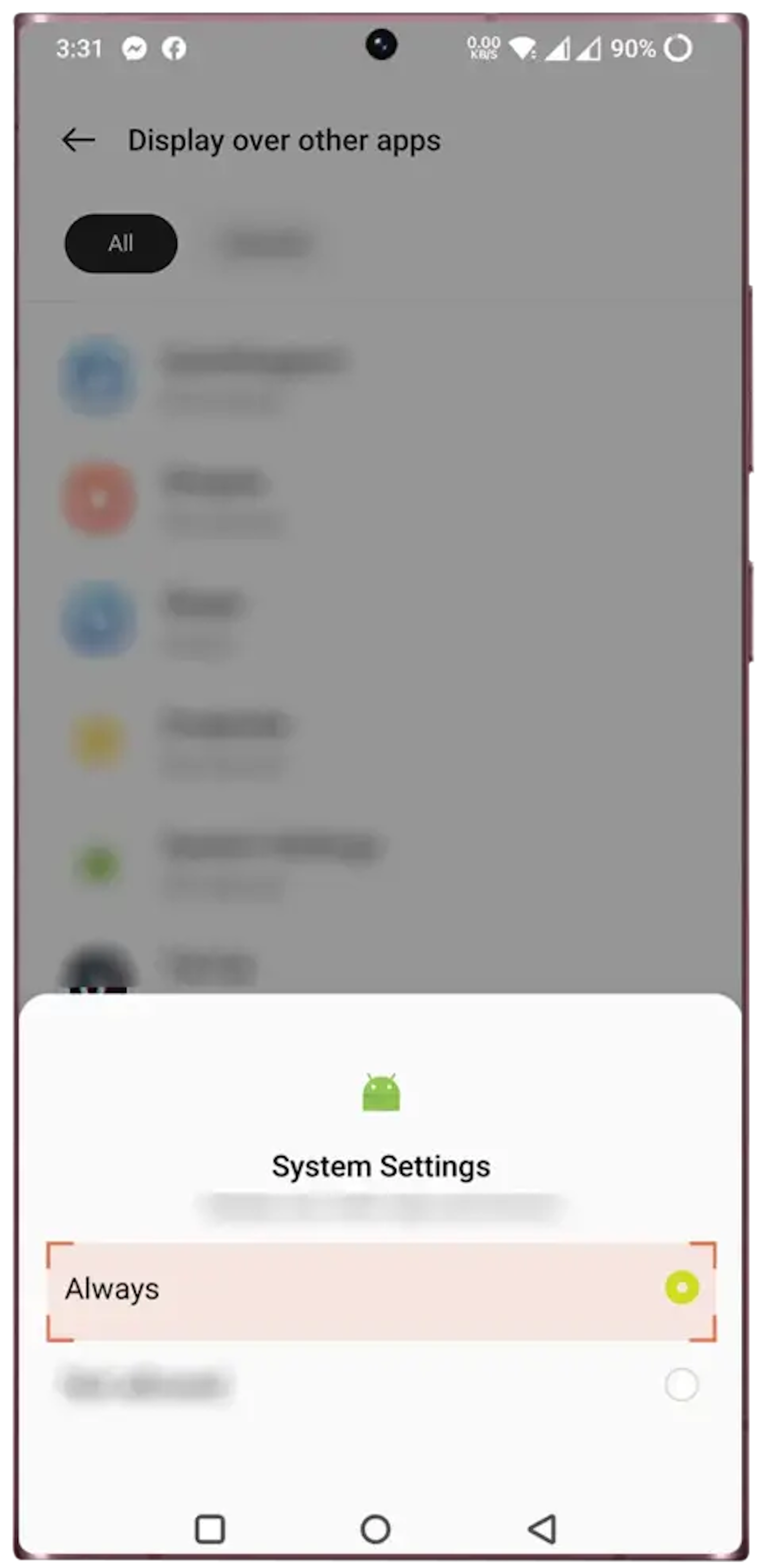 Check "Always" on the next step to allow System Settings to display over other apps.