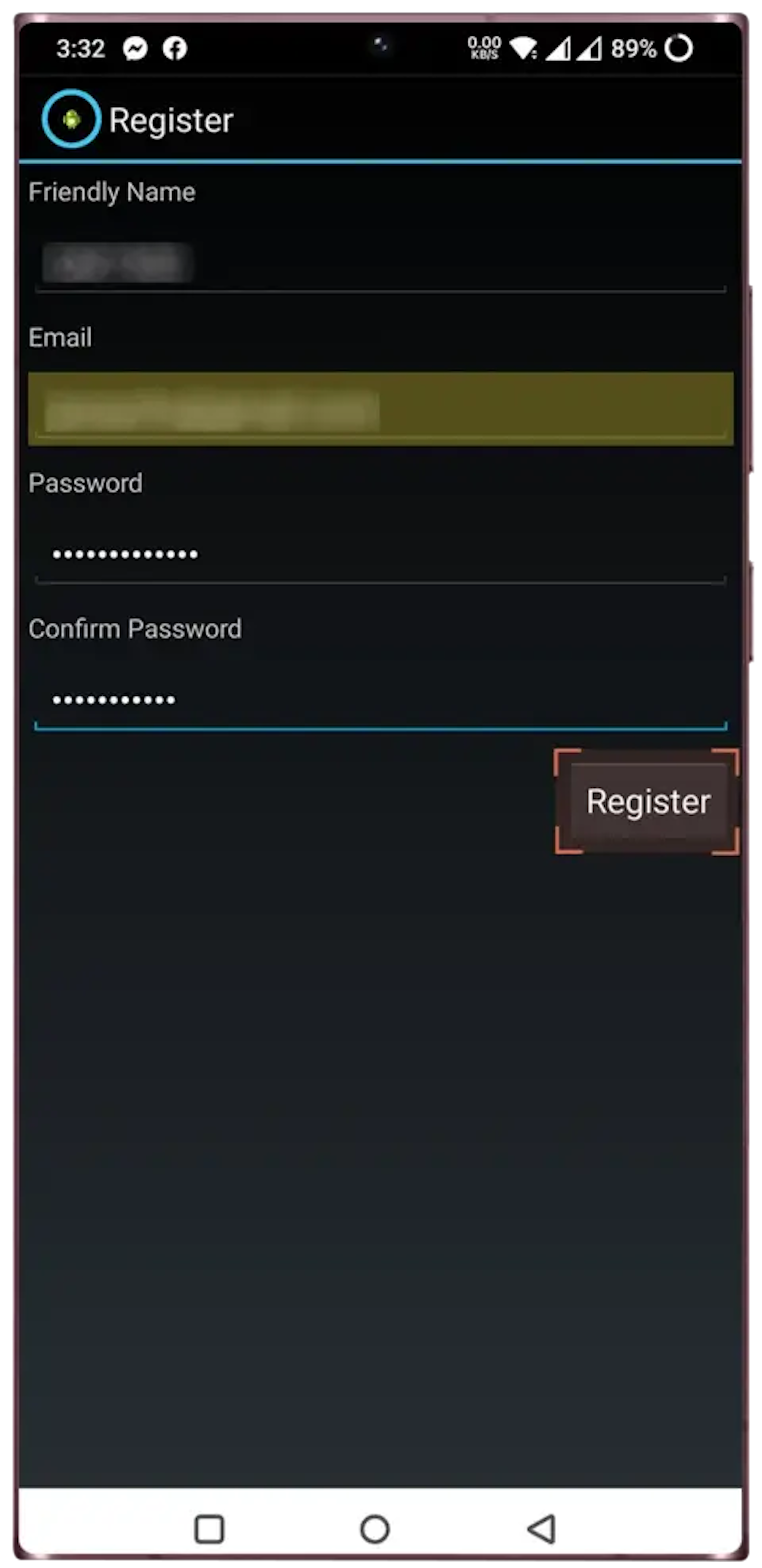 Enter your Device Name, Email, and Password with confirmation, and tap on “Register” button.