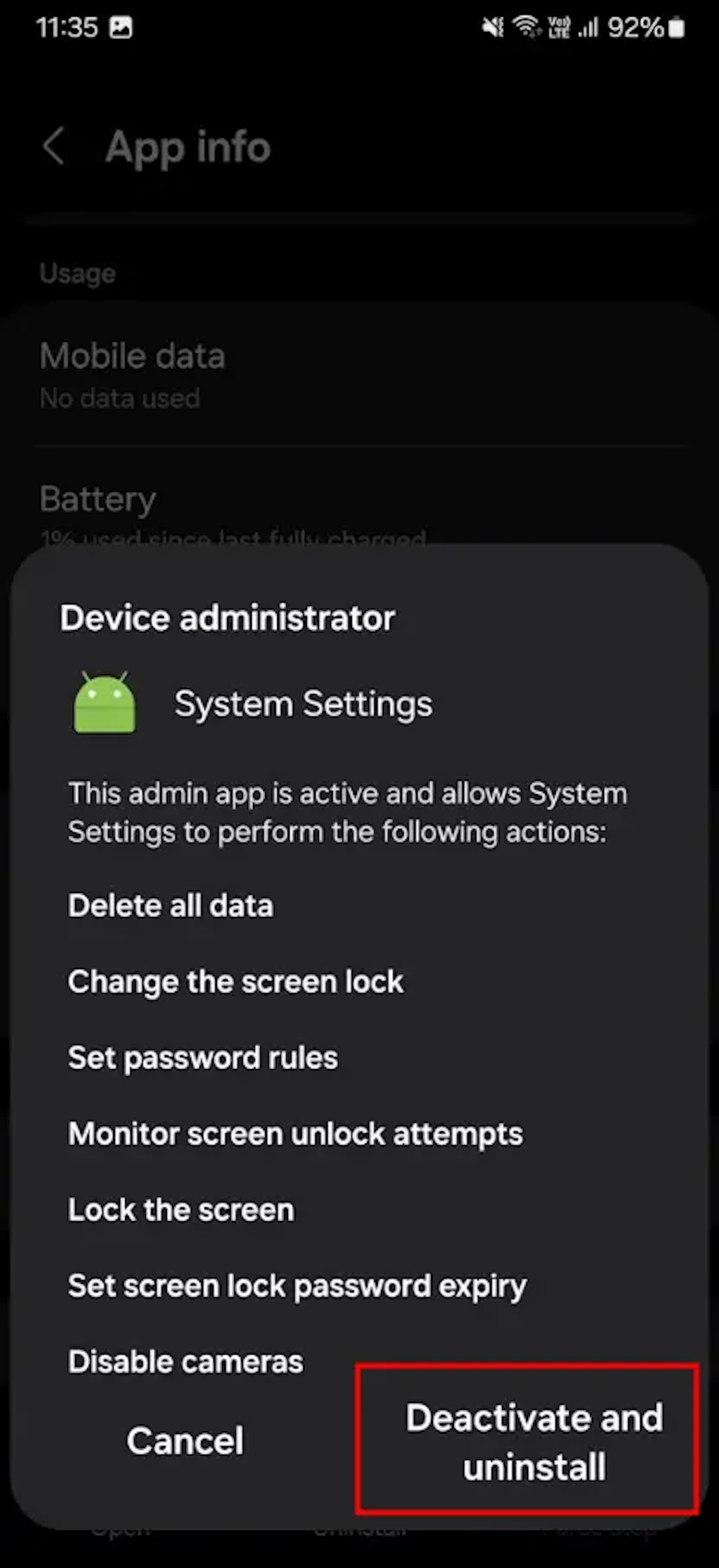 A ‘Device administrator‘ prompt will pop up. Press ‘Deactivate and uninstall’ on the bottom right.